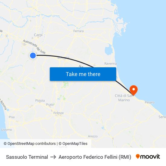 Sassuolo Terminal to Aeroporto Federico Fellini (RMI) map