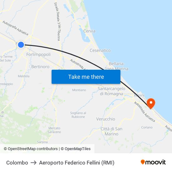 Colombo to Aeroporto Federico Fellini (RMI) map