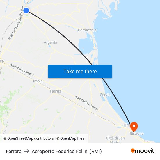 Ferrara to Aeroporto Federico Fellini (RMI) map