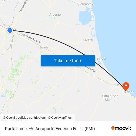 Porta Lame to Aeroporto Federico Fellini (RMI) map