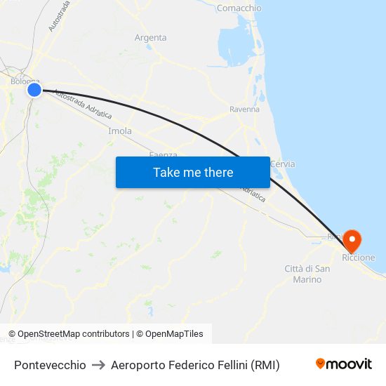 Pontevecchio to Aeroporto Federico Fellini (RMI) map