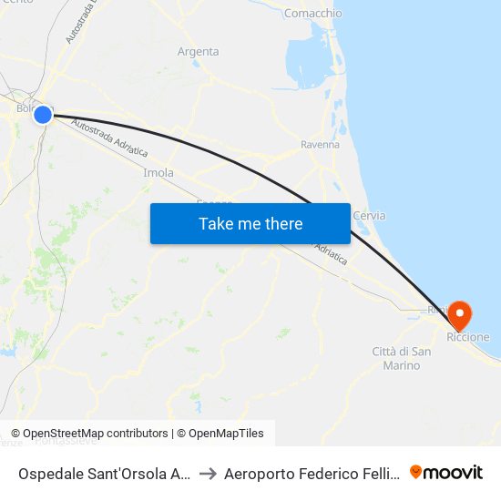 Ospedale Sant'Orsola Albertoni to Aeroporto Federico Fellini (RMI) map