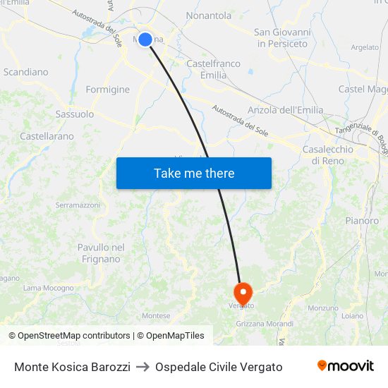Monte Kosica Barozzi to Ospedale Civile Vergato map