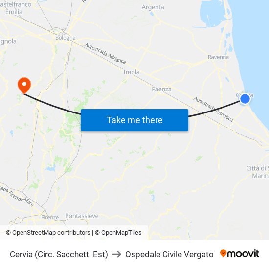 Cervia (Circ. Sacchetti Est) to Ospedale Civile Vergato map