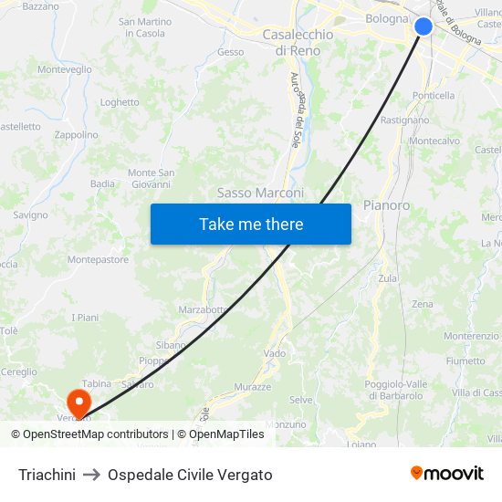 Triachini to Ospedale Civile Vergato map