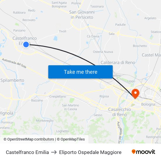 Castelfranco Emilia to Eliporto Ospedale Maggiore map