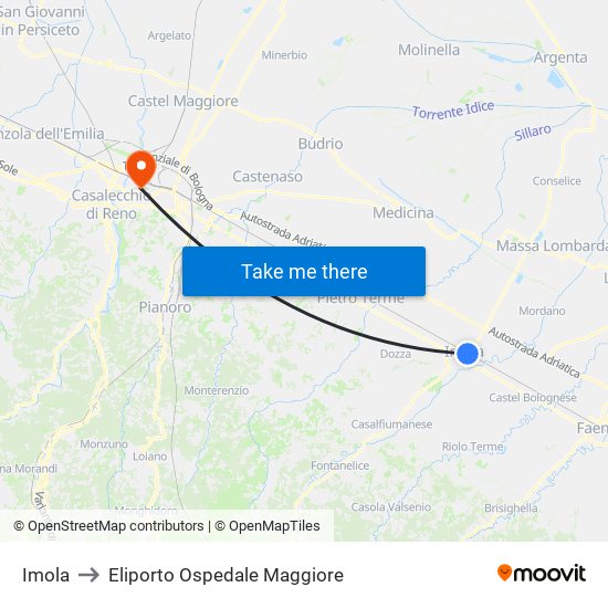 Imola to Eliporto Ospedale Maggiore map