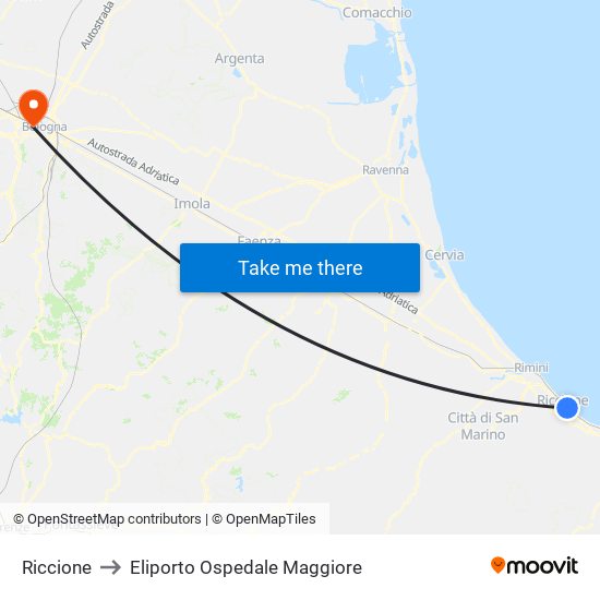 Riccione to Eliporto Ospedale Maggiore map
