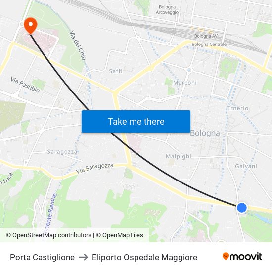Porta Castiglione to Eliporto Ospedale Maggiore map