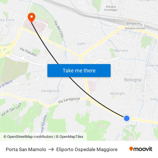 Porta San Mamolo to Eliporto Ospedale Maggiore map