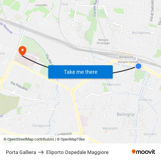 Porta Galliera to Eliporto Ospedale Maggiore map