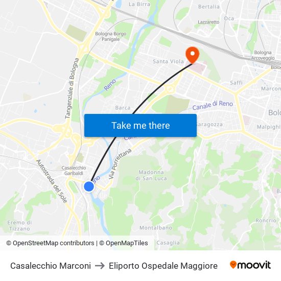 Casalecchio Marconi to Eliporto Ospedale Maggiore map