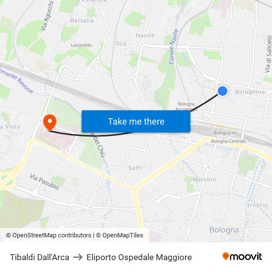 Tibaldi Dall'Arca to Eliporto Ospedale Maggiore map