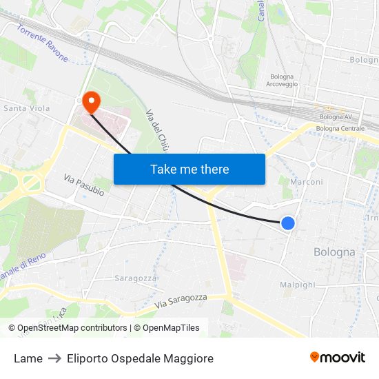 Lame to Eliporto Ospedale Maggiore map