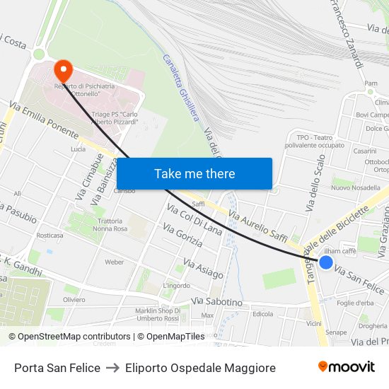 Porta San Felice to Eliporto Ospedale Maggiore map