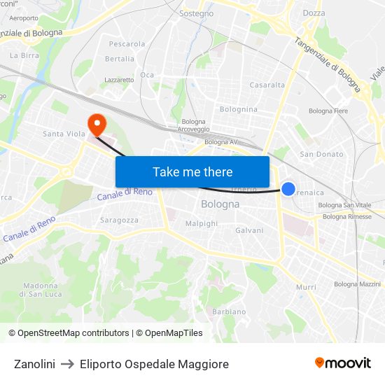 Zanolini to Eliporto Ospedale Maggiore map