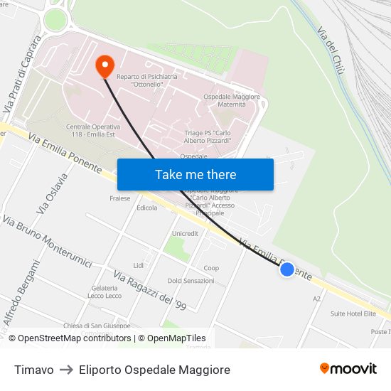Timavo to Eliporto Ospedale Maggiore map