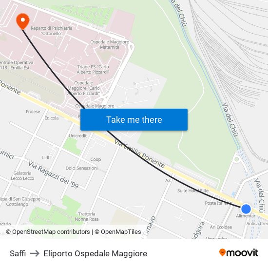 Saffi to Eliporto Ospedale Maggiore map