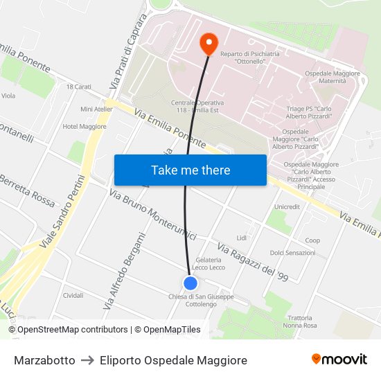 Marzabotto to Eliporto Ospedale Maggiore map