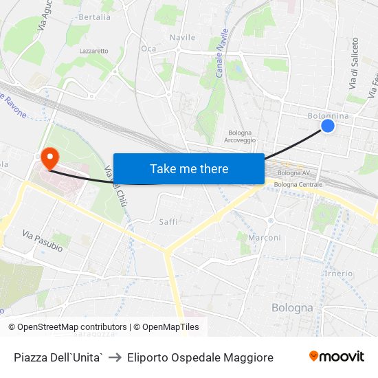 Piazza Dell`Unita` to Eliporto Ospedale Maggiore map