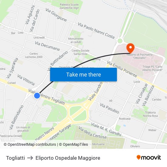 Togliatti to Eliporto Ospedale Maggiore map