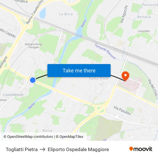 Togliatti Pietra to Eliporto Ospedale Maggiore map