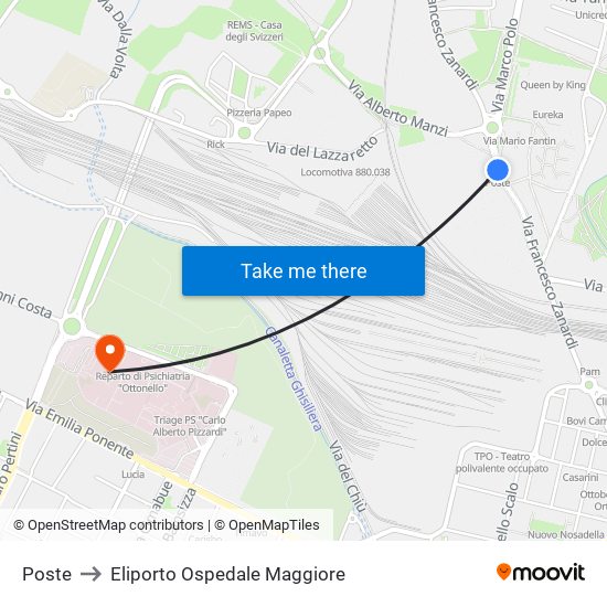 Poste to Eliporto Ospedale Maggiore map