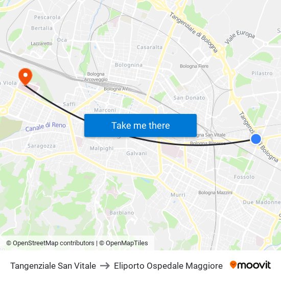 Tangenziale San Vitale to Eliporto Ospedale Maggiore map