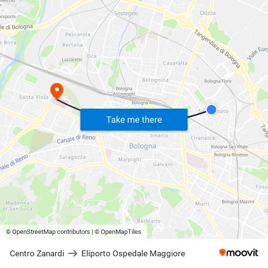Centro Zanardi to Eliporto Ospedale Maggiore map