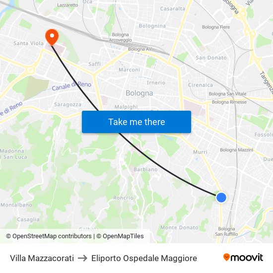 Villa Mazzacorati to Eliporto Ospedale Maggiore map