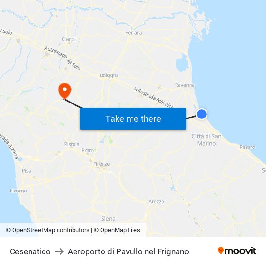 Cesenatico to Aeroporto di Pavullo nel Frignano map
