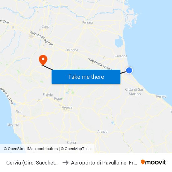 Cervia (Circ. Sacchetti Est) to Aeroporto di Pavullo nel Frignano map