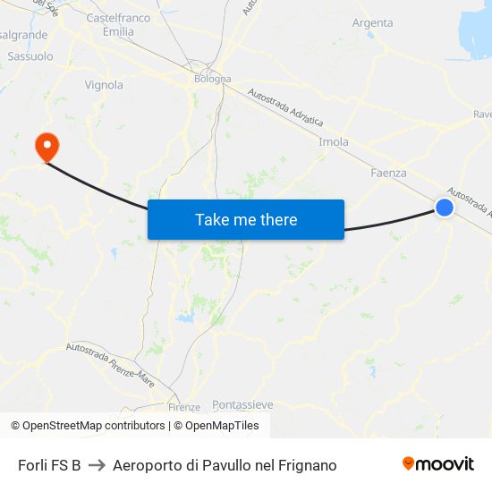 Forli FS B to Aeroporto di Pavullo nel Frignano map