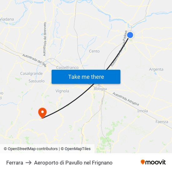 Ferrara to Aeroporto di Pavullo nel Frignano map