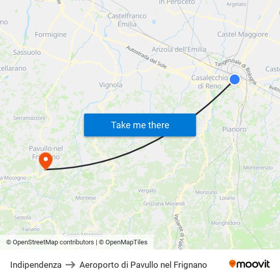 Indipendenza to Aeroporto di Pavullo nel Frignano map