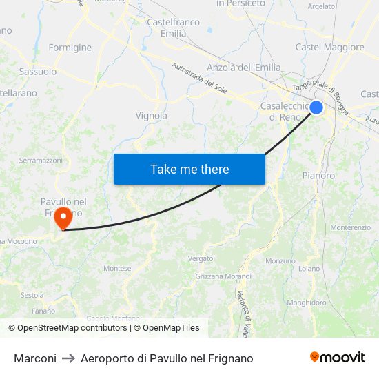 Marconi to Aeroporto di Pavullo nel Frignano map