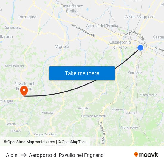 Albini to Aeroporto di Pavullo nel Frignano map