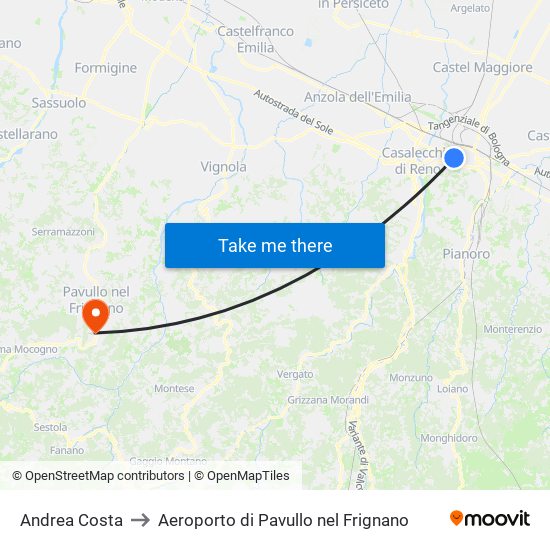 Andrea Costa to Aeroporto di Pavullo nel Frignano map