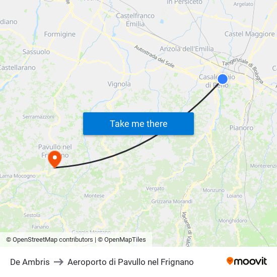 De Ambris to Aeroporto di Pavullo nel Frignano map