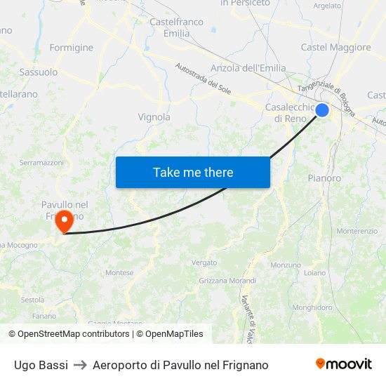 Ugo Bassi to Aeroporto di Pavullo nel Frignano map