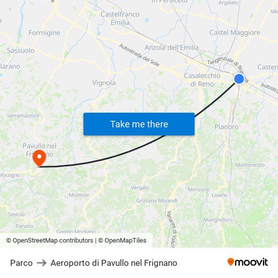 Parco to Aeroporto di Pavullo nel Frignano map
