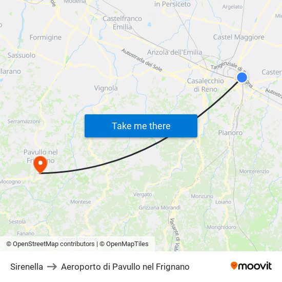 Sirenella to Aeroporto di Pavullo nel Frignano map