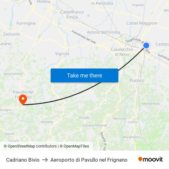 Cadriano Bivio to Aeroporto di Pavullo nel Frignano map