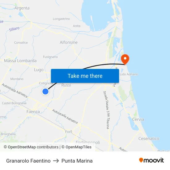Granarolo Faentino to Punta Marina map