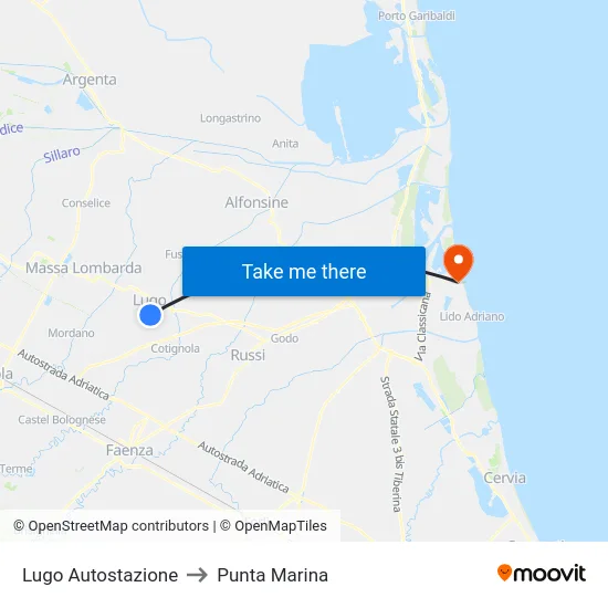 Lugo Autostazione to Punta Marina map