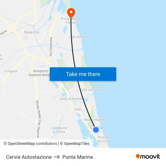 Cervia Autostazione to Punta Marina map