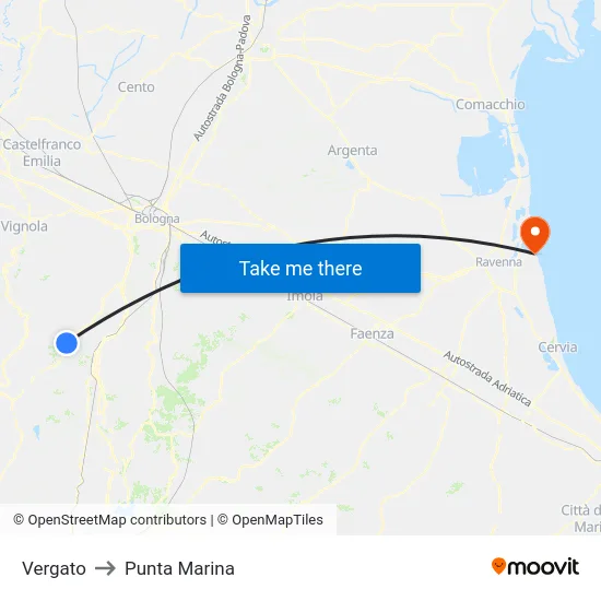 Vergato to Punta Marina map