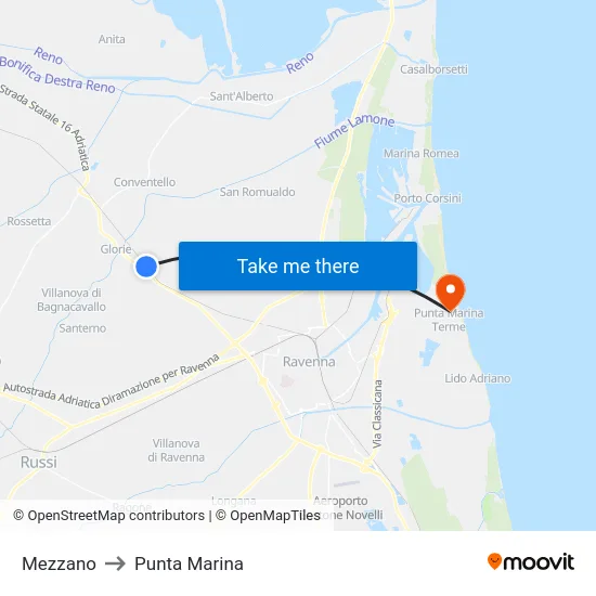 Mezzano to Punta Marina map