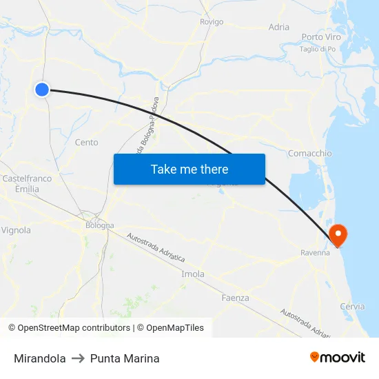 Mirandola to Punta Marina map