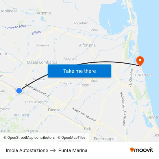 Imola Autostazione to Punta Marina map